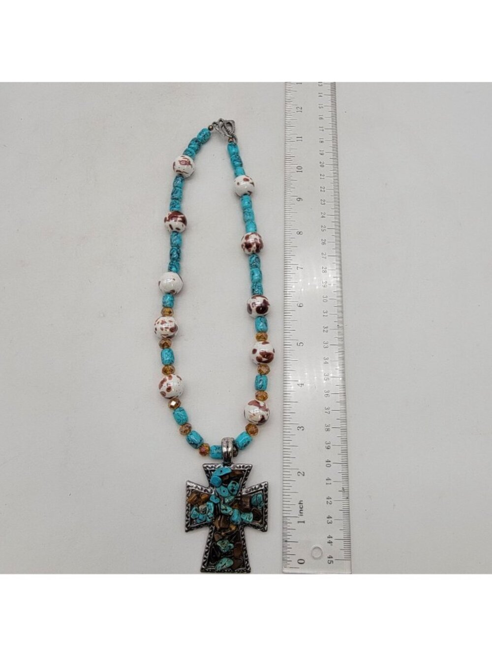 Artisan Turquoise Gemstone Cross Pendant With Faux Turquoise Glass & Pottery - Picture 6 of 6